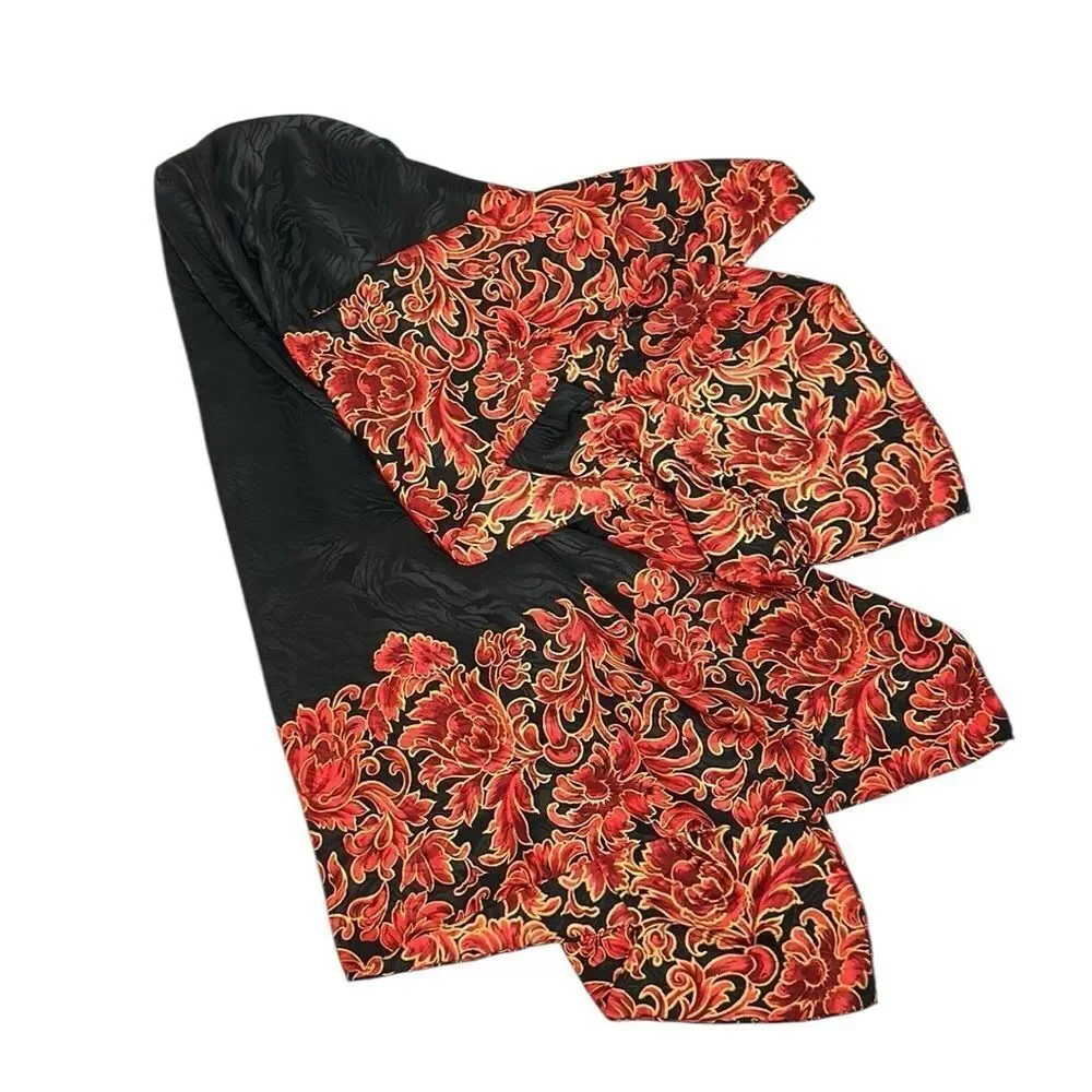 Jeannene Booher Silk Jacquard Scarf Black Red Gold Paisley Floral Hand Rolled